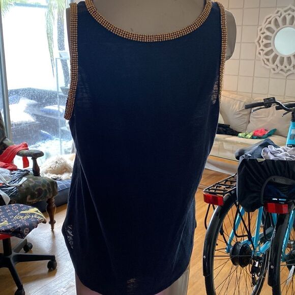 Michael Kors, Black knit tank top, with gold beading around arms and collar. M - Picture 7 of 14
